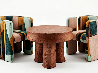 Modern Table And Chair Set With Round Wooden Stump Legs And Colorful Geometric Fabric Chairs 3d model