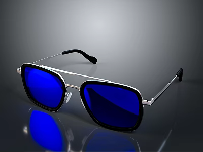 Stylish Modern Sunglasses With Blue Lenses Silver Frames And Black Temple Arms 3d model
