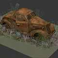 Rusty Old Vintage Car Surrounded by Green Grass on Display Platform 3d model