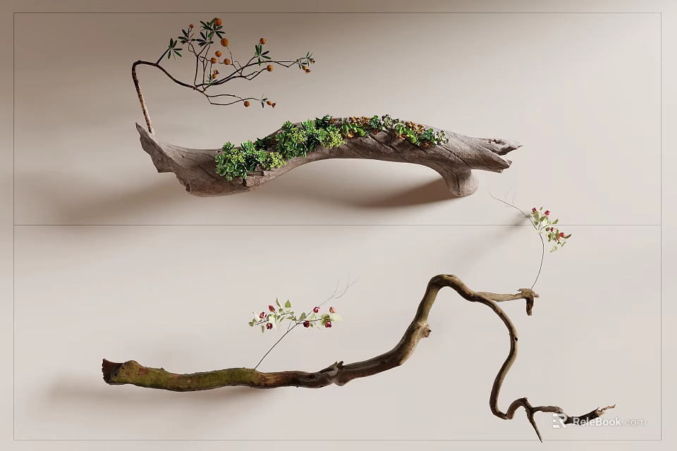 Natural Branch Decor With Small Plants Red Berries And Green Moss 3d model 