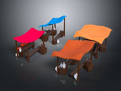 Colorful Food Stalls With Red Blue And Orange Canopies And Fresh Items 3d model