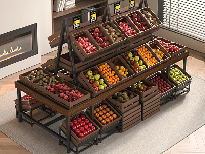 Fruit Display Shelves with Colorful Fresh Fruits Organized in Layered Wooden Metal Structure 3d model