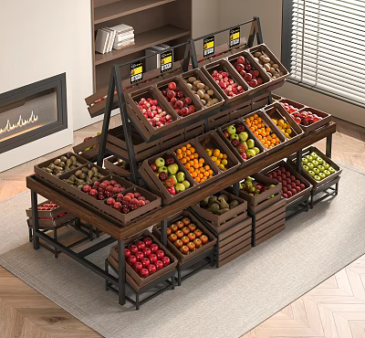 Fruit Display Shelves with Colorful Fresh Fruits Organized in Layered Wooden Metal Structure 3d model