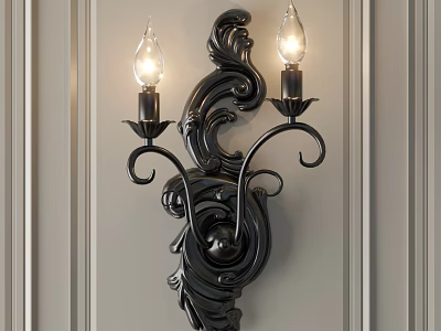 Ornate Black Wall Sconce With Curved Design And Double Bulbs On Gray Wall 3d model