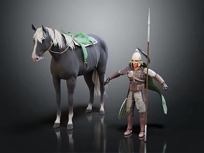 Medieval Armored Warrior With Helmet Spear And Cloak Standing Beside Gray Horse With Green Saddle 3d model
