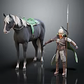 Medieval Armored Warrior With Helmet Spear And Cloak Standing Beside Gray Horse With Green Saddle