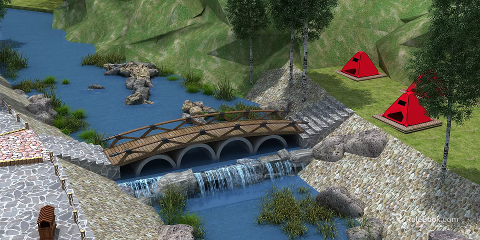 Wooden Bridge with Small Waterfall Among Green Grass Trees and Red Tents by River Rocks 3d model 
