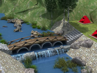 Wooden Bridge with Small Waterfall Among Green Grass Trees and Red Tents by River Rocks 3d model