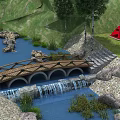 Wooden Bridge with Small Waterfall Among Green Grass Trees and Red Tents by River Rocks