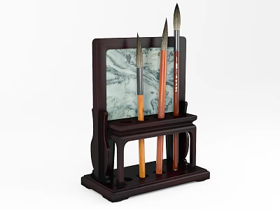 Traditional Chinese Calligraphy Brushes in Wooden Holder with Colored Handles and Classic Design 3d model
