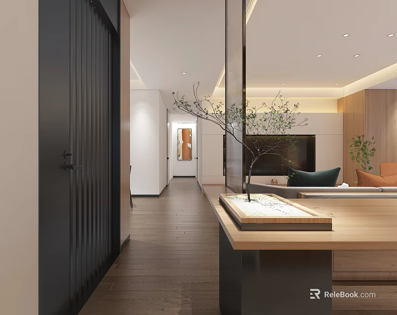 Modern Entryway Hallway With Wooden Floor Decorative Tree And Minimalist Design Console Table 3d model