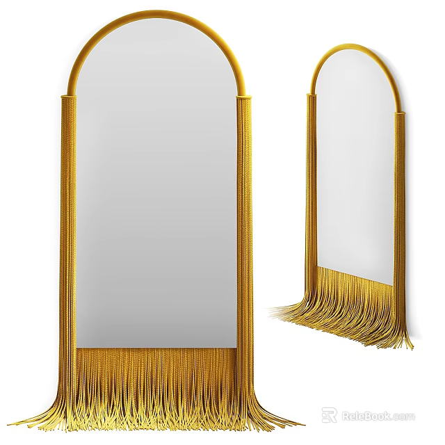 Two Stylish Arched Gold Frame Mirrors With Fringe Decoration For Home 3d model 