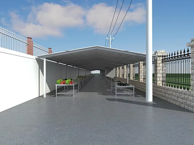 Covered Corridor With White Gray Walls Gray Tiles Red Green Items And Black Railings 3d model