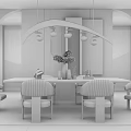 Modern Dining Table Set with Upholstered Chairs Arched Pendant Light Decorative Painting and Area Rug