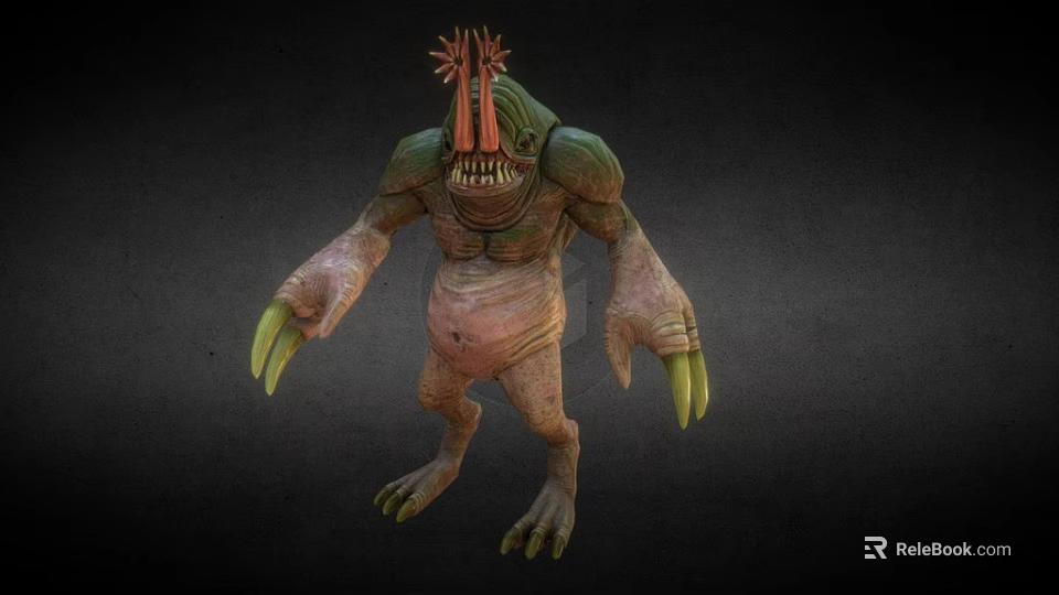 Fierce 3D Fantasy Monster Character With Green Skin Red Head Spikes And Yellow Claws 3d model 