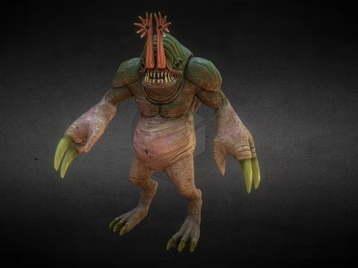 Fierce 3D Fantasy Monster Character With Green Skin Red Head Spikes And Yellow Claws 3d model