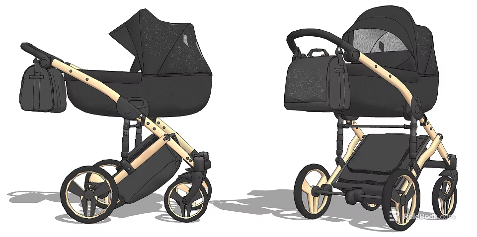 Stylish Black Baby Stroller With Golden Frame And Storage Bag Design 3d model 
