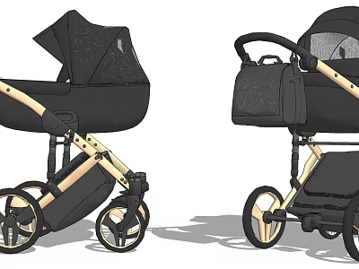 Stylish Black Baby Stroller With Golden Frame And Storage Bag Design 3d model