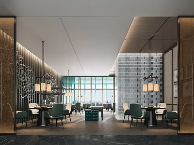 Modern Luxury Restaurant Interior With Dining Tables Chairs Pendant Lights And Wall Decor 3d model
