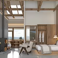 Hotel Guest Room With Wooden Walls Skylight Sofa Chairs Bathtub And Wooden Beams