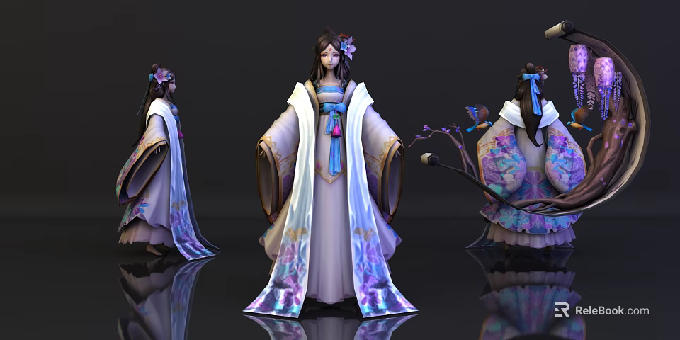 Game Movie Character in Flowing Traditional Robe with Floral Patterns Hair Accessories and Back Views 3d model 