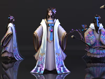 Game Movie Character in Flowing Traditional Robe with Floral Patterns Hair Accessories and Back Views 3d model