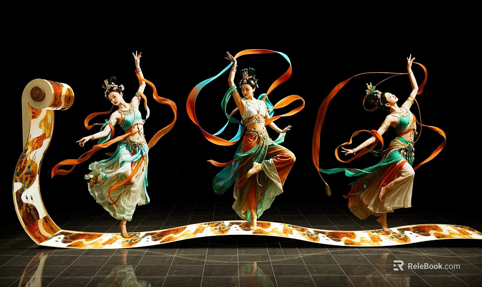 Vibrant Art Installation Featuring Dancers With Colorful Ribbons And Dynamic Poses 3d model