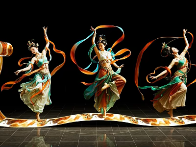Vibrant Art Installation Featuring Dancers With Colorful Ribbons And Dynamic Poses 3d model