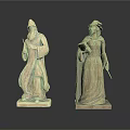 Two Stone Antique Robed Figure Sculptures Holding Scroll and Scepter on Pedestals
