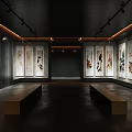 Modern Gallery Interior Design With Displayed Artworks Dark Walls And Wooden Floors