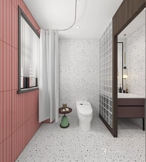 Modern Bathroom Interior Design With Pink Wall White Spotted Tiles And Glass Block Wall 3d model 