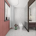 Modern Bathroom Interior Design With Pink Wall White Spotted Tiles And Glass Block Wall