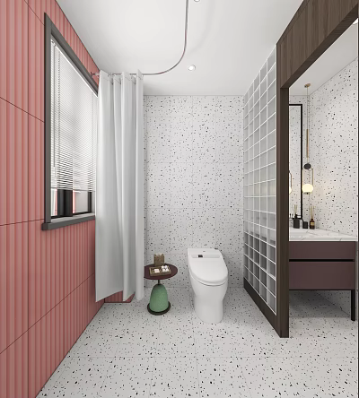 Modern Bathroom Interior Design With Pink Wall White Spotted Tiles And Glass Block Wall 3d model