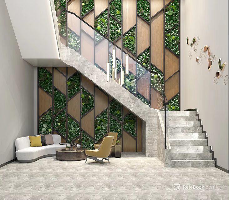 Modern Interior Space With Staircase Living Plant Wall Sofa And Accent Chairs 3d model 