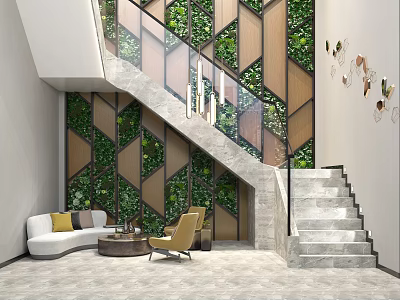 Modern Interior Space With Staircase Living Plant Wall Sofa And Accent Chairs 3d model