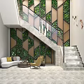 Modern Interior Space With Staircase Living Plant Wall Sofa And Accent Chairs
