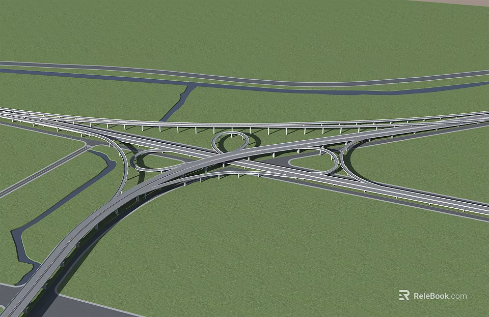 Multi Lane Highway Interchange With Loop Ramps And Overpass Structure In Green Area 3d model