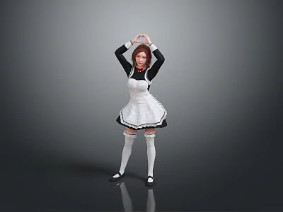 Woman In Black And White Maid Outfit With Hands Raised Making Heart Shape 3d model