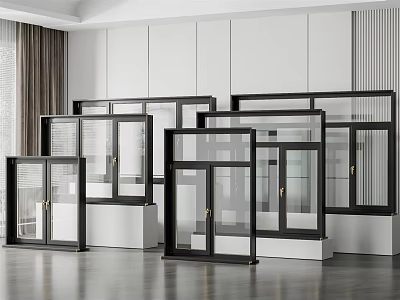 Modern Windows And Doors Display With Glass Panels Black And White Frames Showroom Setting 3d model