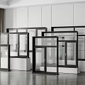 Modern Windows And Doors Display With Glass Panels Black And White Frames Showroom Setting