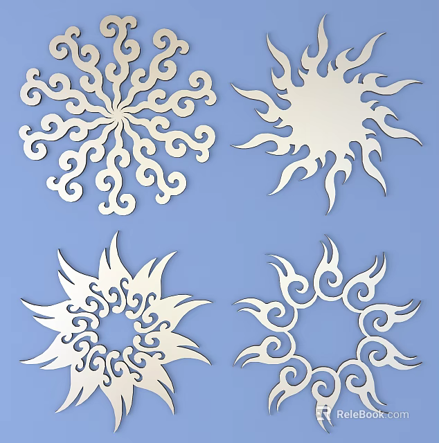 White Intricate Laser Cut Wall Decor Pieces With Sunburst And Floral Patterns On Blue Background 3d model 