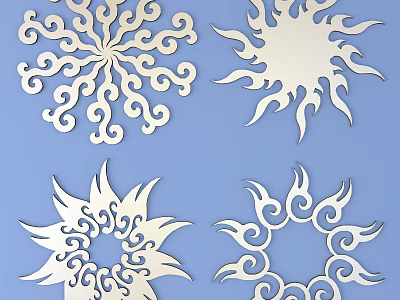 White Intricate Laser Cut Wall Decor Pieces With Sunburst And Floral Patterns On Blue Background 3d model