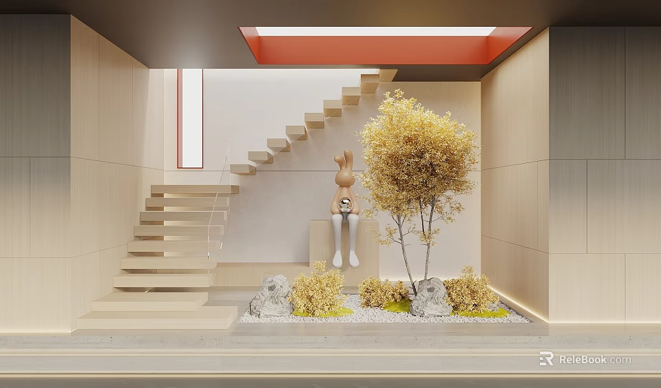 Indoor Garden Landscape With Wooden Staircase Rabbit Doll Yellow Tree Stones Shrubs And Gravel 3d model 