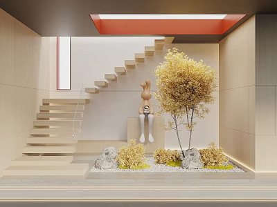 Indoor Garden Landscape With Wooden Staircase Rabbit Doll Yellow Tree Stones Shrubs And Gravel 3d model