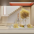 Indoor Garden Landscape With Wooden Staircase Rabbit Doll Yellow Tree Stones Shrubs And Gravel