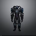 Dark Armored Character With Mythical Creature Inspired Design And Blue Glowing Parts