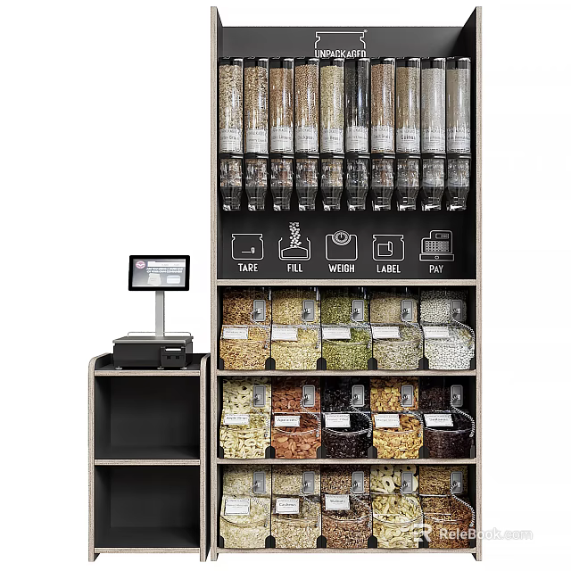 Display Shelf Organizing Grains Beans Nuts In Glass Containers With Self Service Labels Cash Register 3d model 