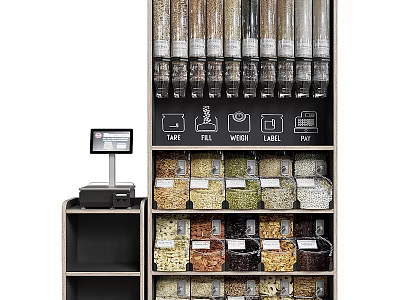 Display Shelf Organizing Grains Beans Nuts In Glass Containers With Self Service Labels Cash Register 3d model