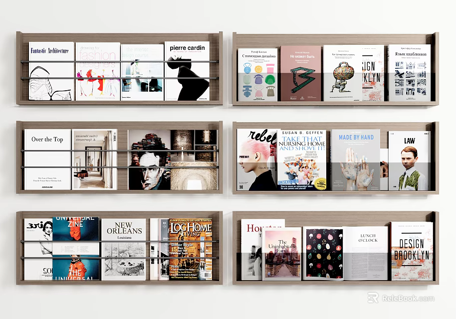 Organized Wall Cabinets Filled With Magazines And Books In Stylish Modern Room 3d model 