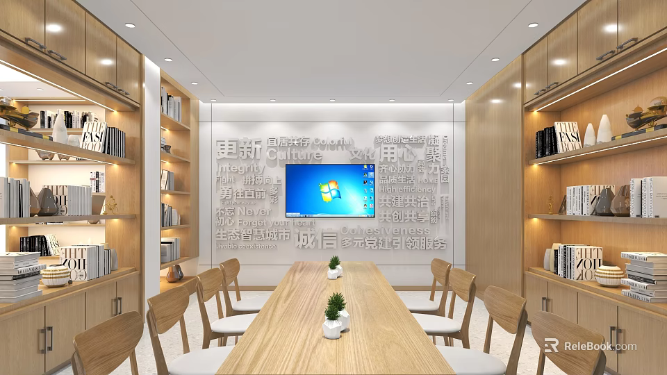 Modern Meeting Room With Wooden Table Chairs Word Art TV Windows Desktop And Bookshelves 3d model 